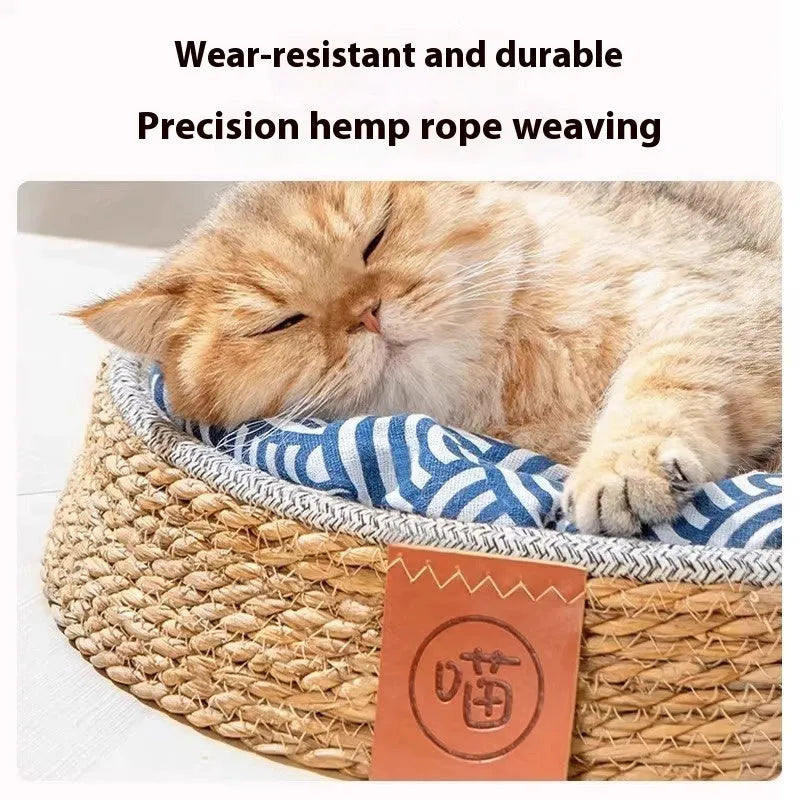 A natural woven rattan cat bed basket, shown in a single size, suitable for indoor use as a pet nest.