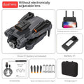 Black foldable quadcopter drone with four propellers and an underside HD camera