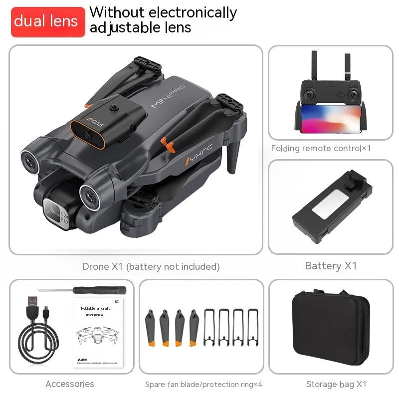 Black foldable quadcopter drone with four propellers and an underside HD camera