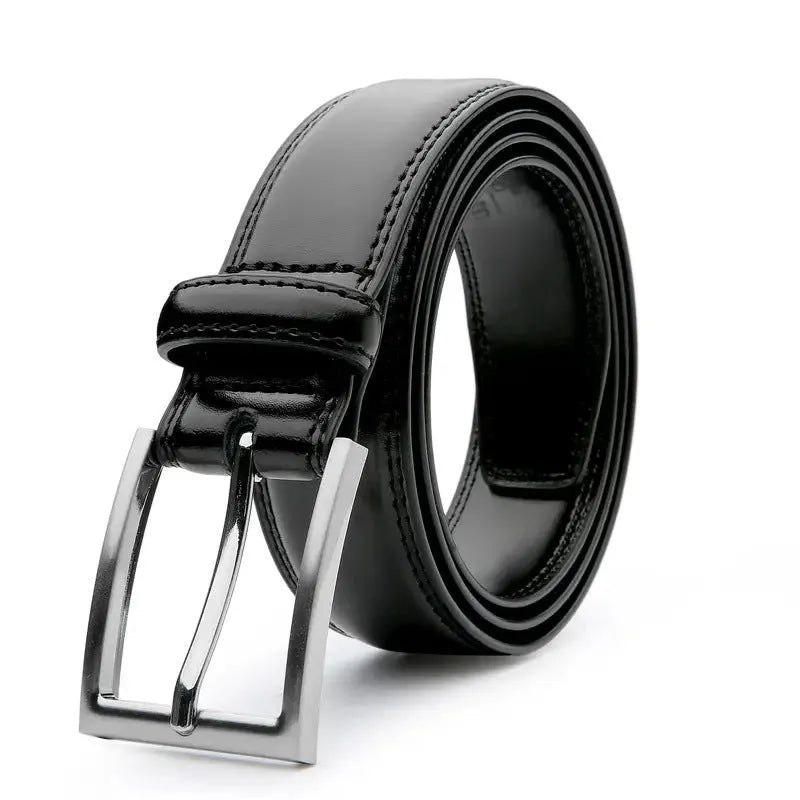 Men's brown genuine leather belt with 95 grain texture and alloy buckle on a white background