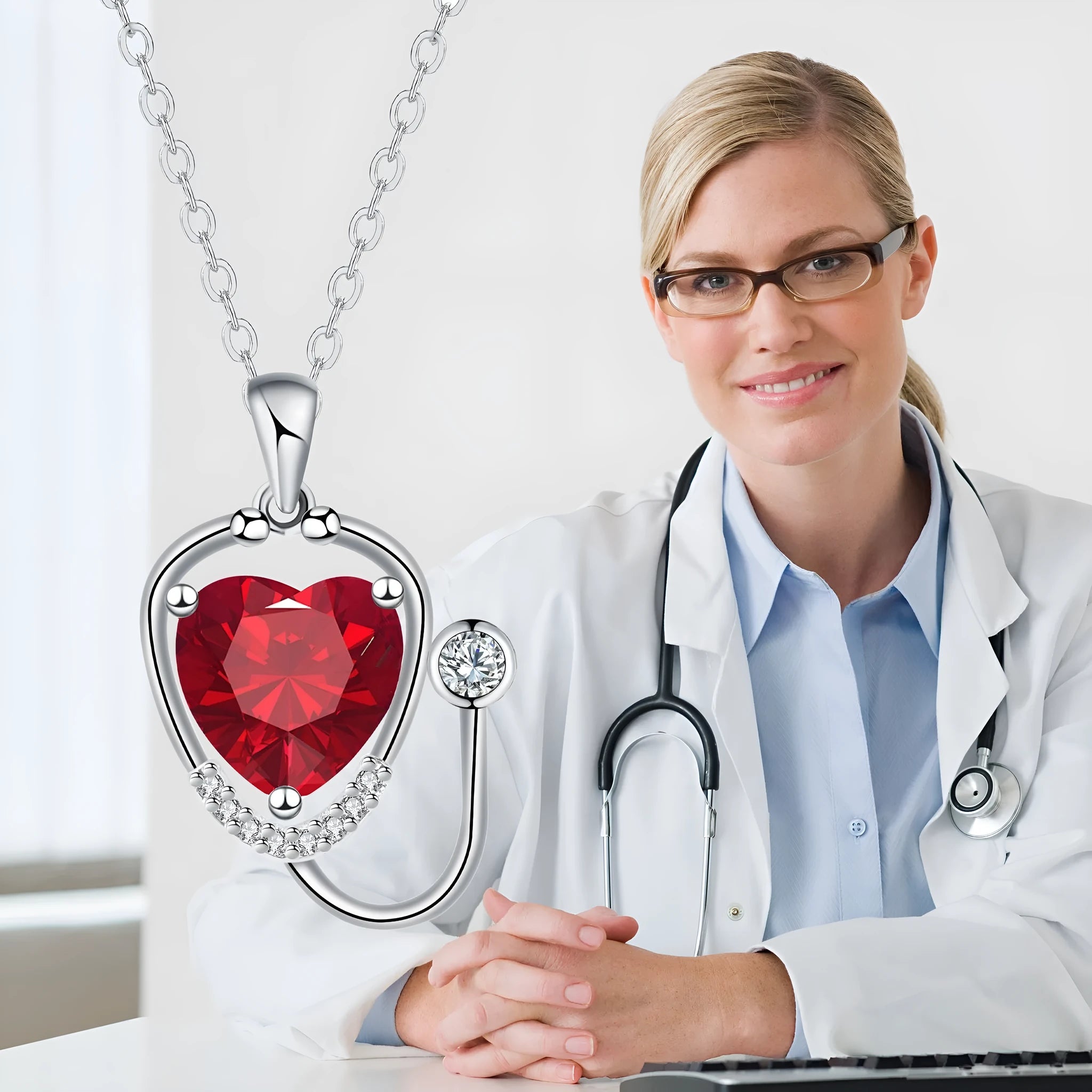 Women's copper necklace with red diamond electroplated wings cross stethoscope pendant, casual medical-inspired jewellery
