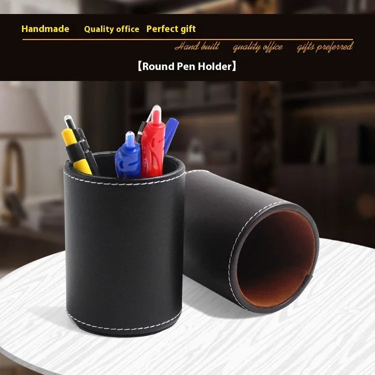 Round black leather pen container showing cylindrical shape and dimensions
