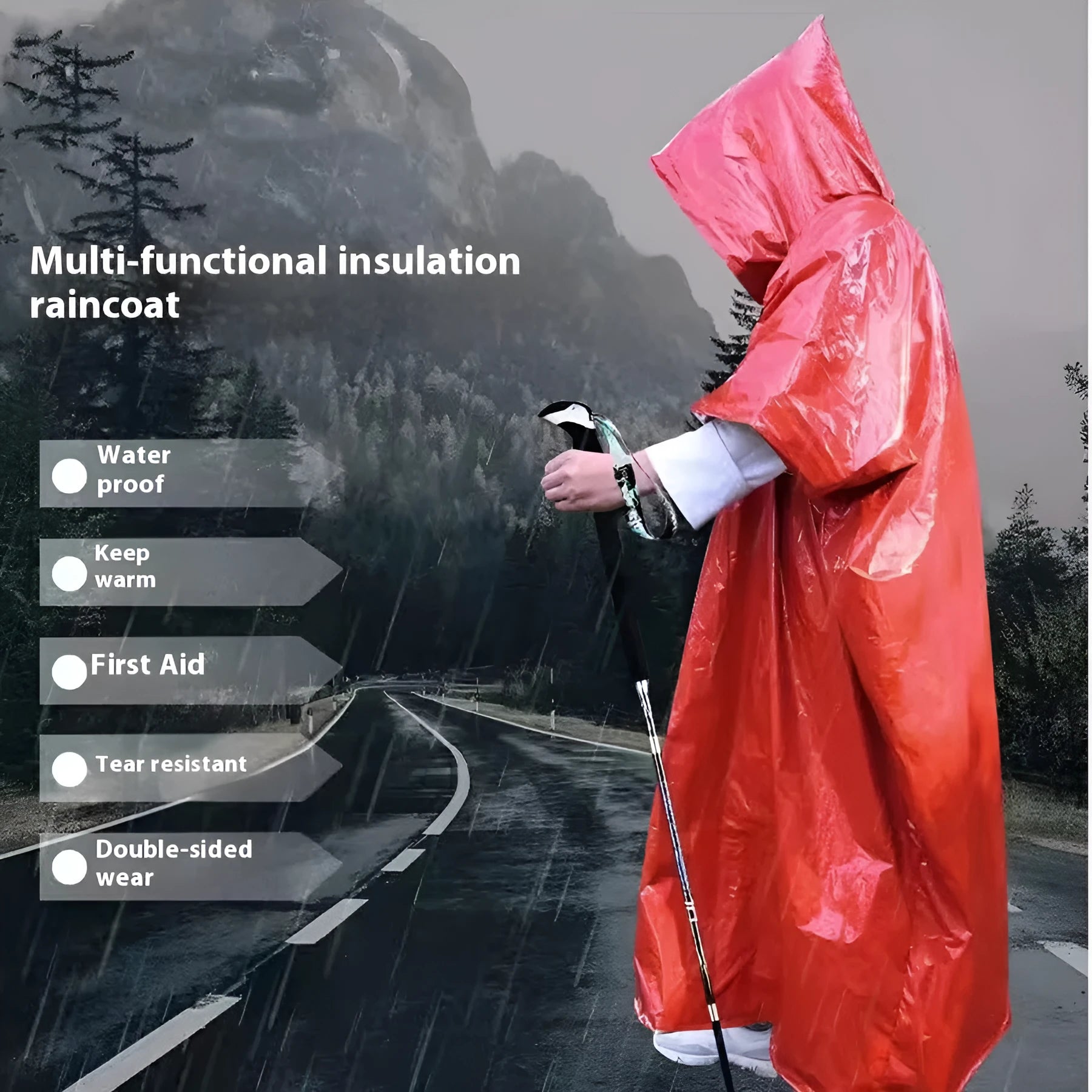 Marathon Wild multifunctional raincoat laid flat showing orange or army green colour and 100x130cm size