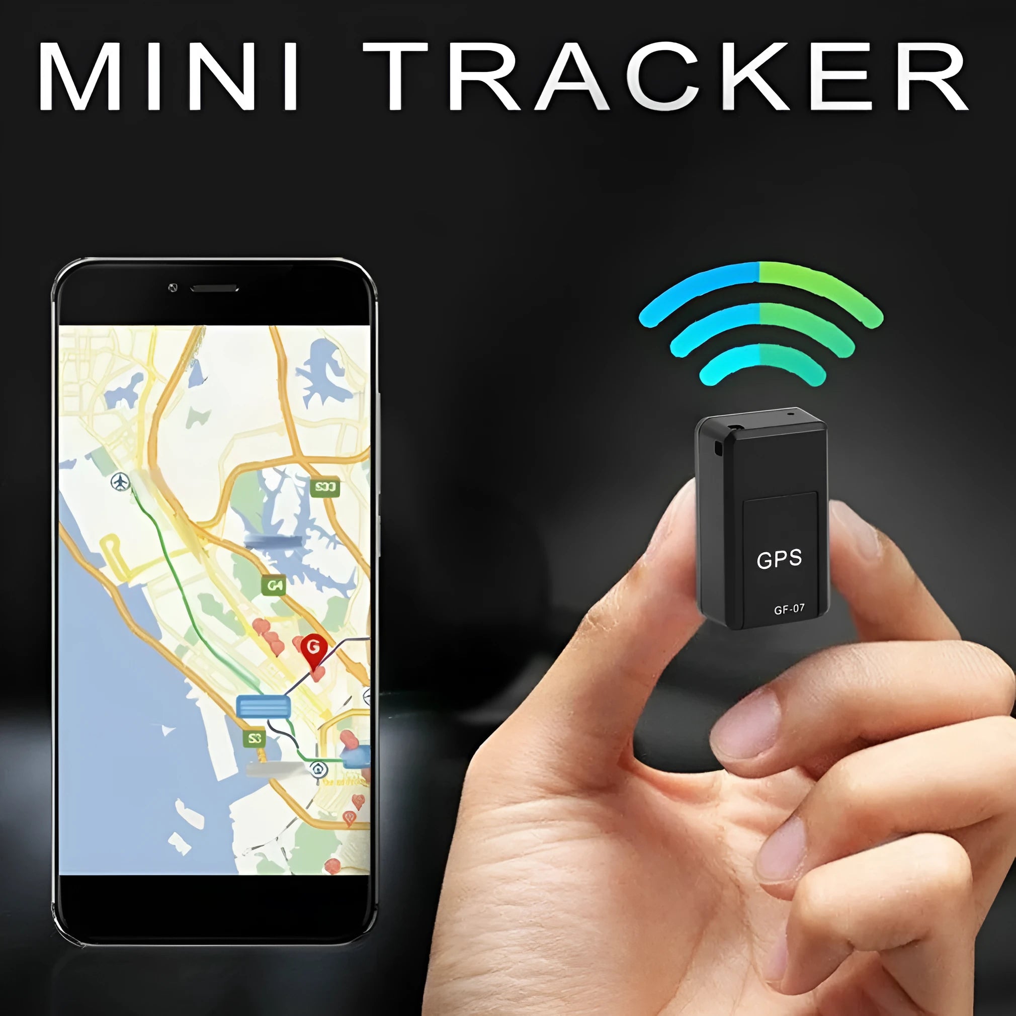 Black magnetic GPS car tracker device with compact rectangular design and USB charging port