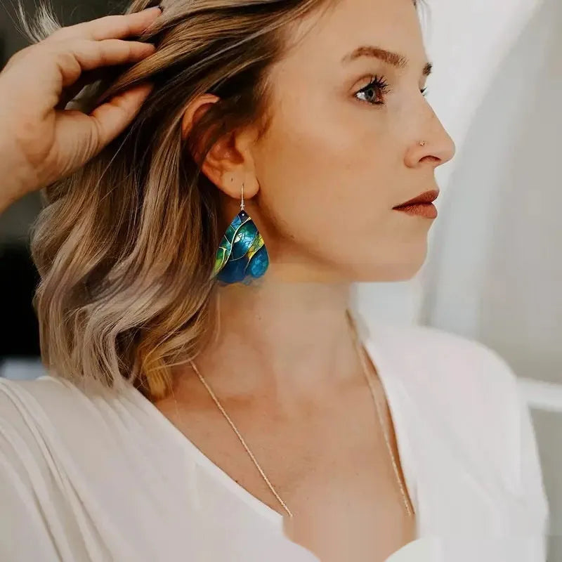 Acrylic drop earrings with printed flat branch knot design in unisex style