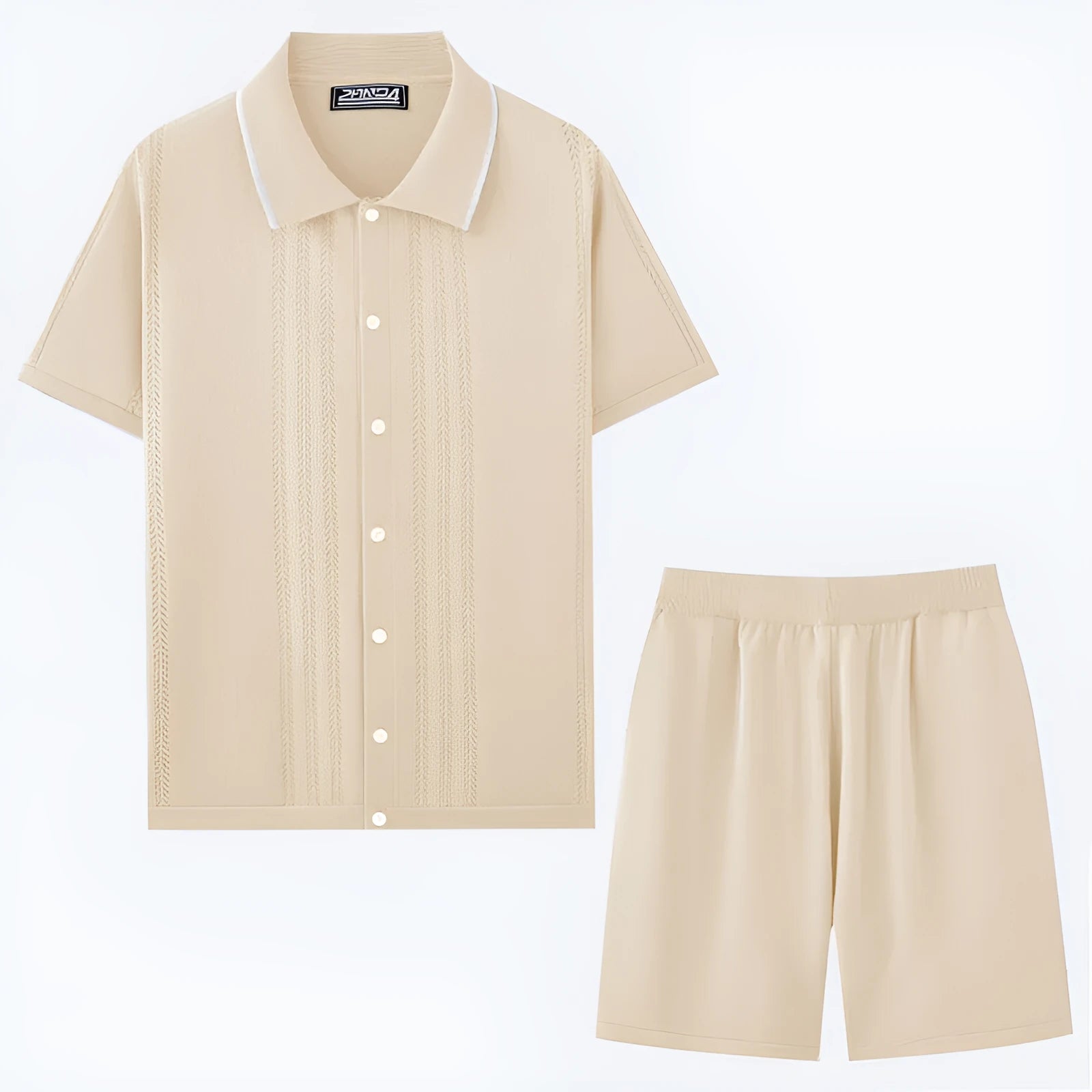 Men's khaki Tencel viscose business casual set with short sleeve top and matching shorts