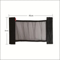 Elastic polyester car boot storage net shown with metal hooks and adhesive strips for organising loose items.