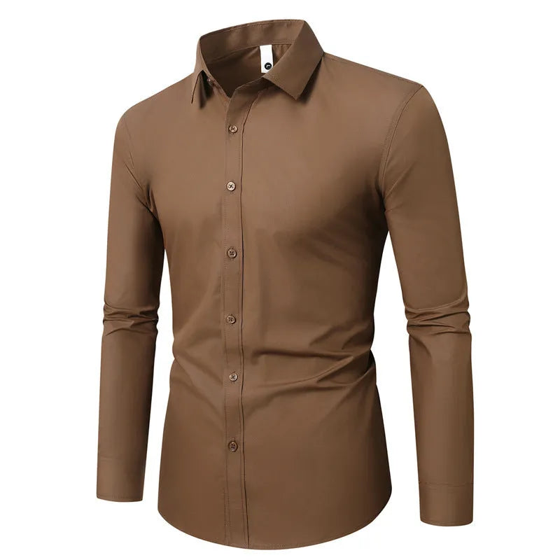 Men's long-sleeve linen shirt in a slim, loose fit on a hanger