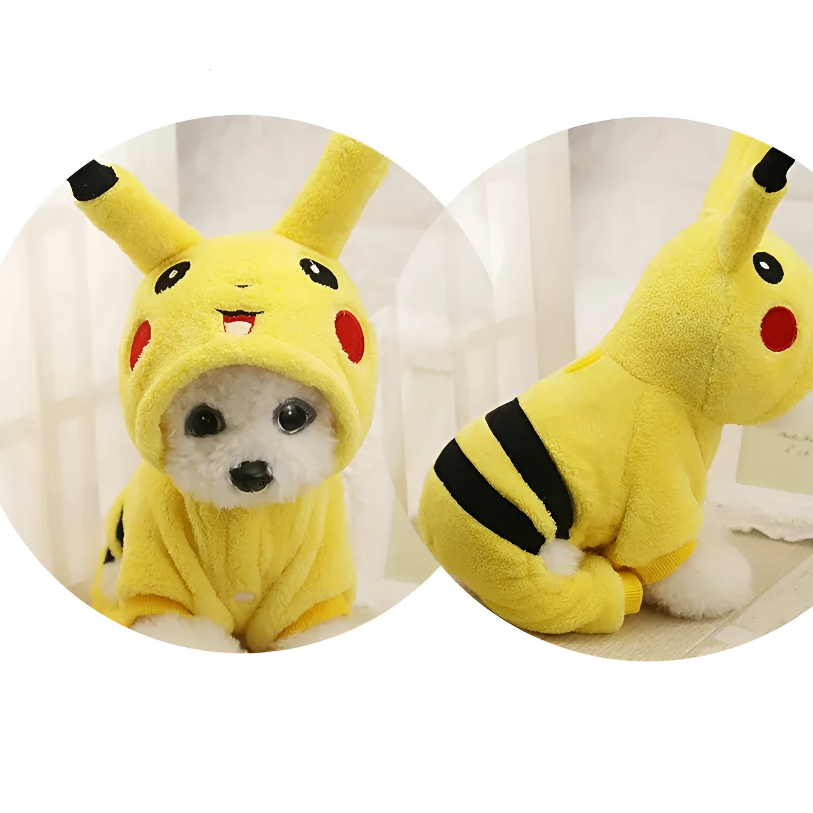 Cute cartoon-style fleece hoodie coat on a small cat or dog for autumn and winter.