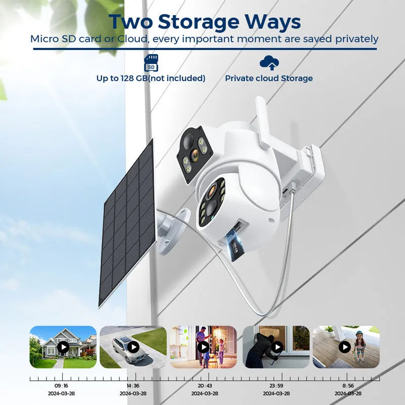 Outdoor solar wireless security camera with solar panel in black and white finish
