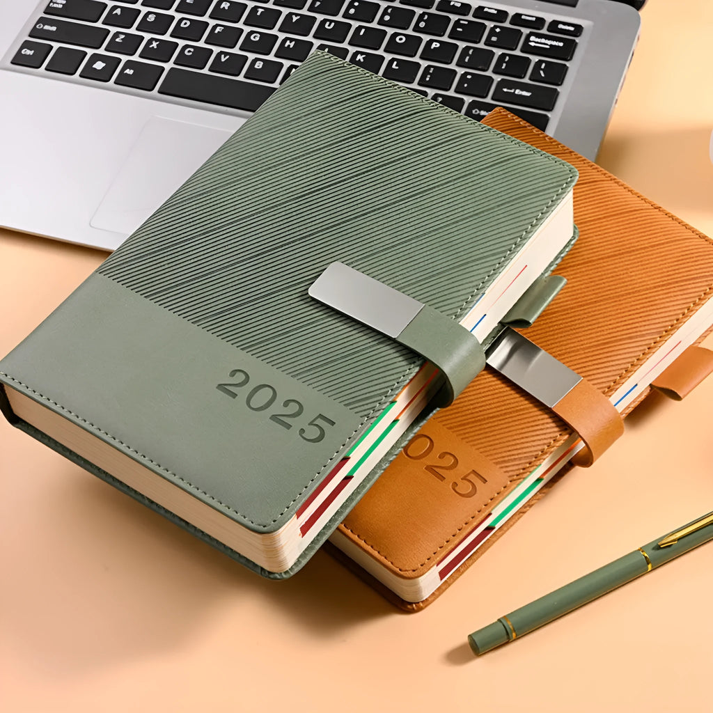 Striped PU leather notepad open showing 80g wood-free paper, available in eight colours