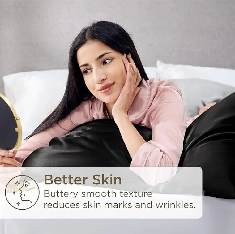 A pair of solid colour satin cloth pillowcases made from polyester chemical fibre, showing available colours and sizes.