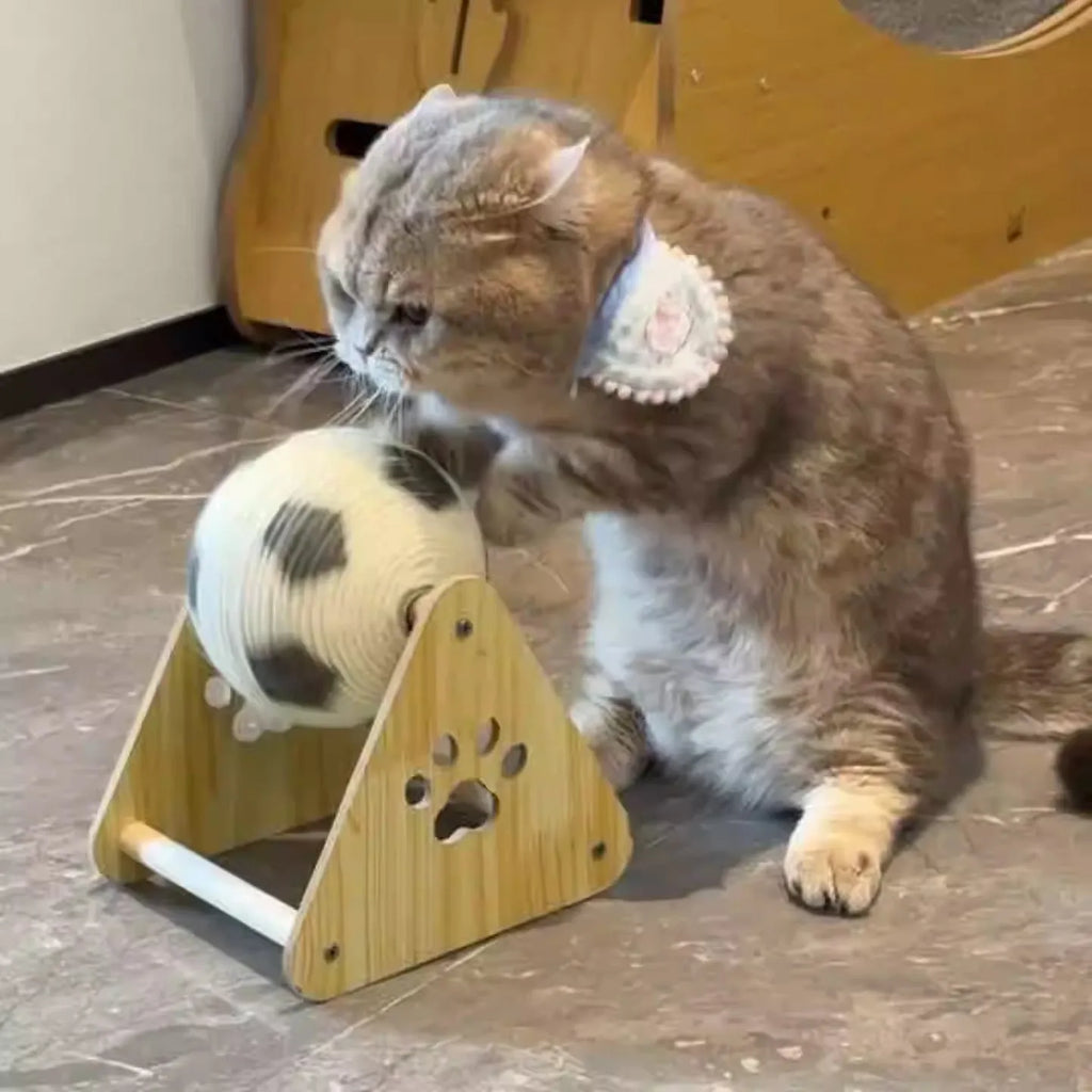 Football-style solid wood sisal cat scratch board vertical grounder on floor