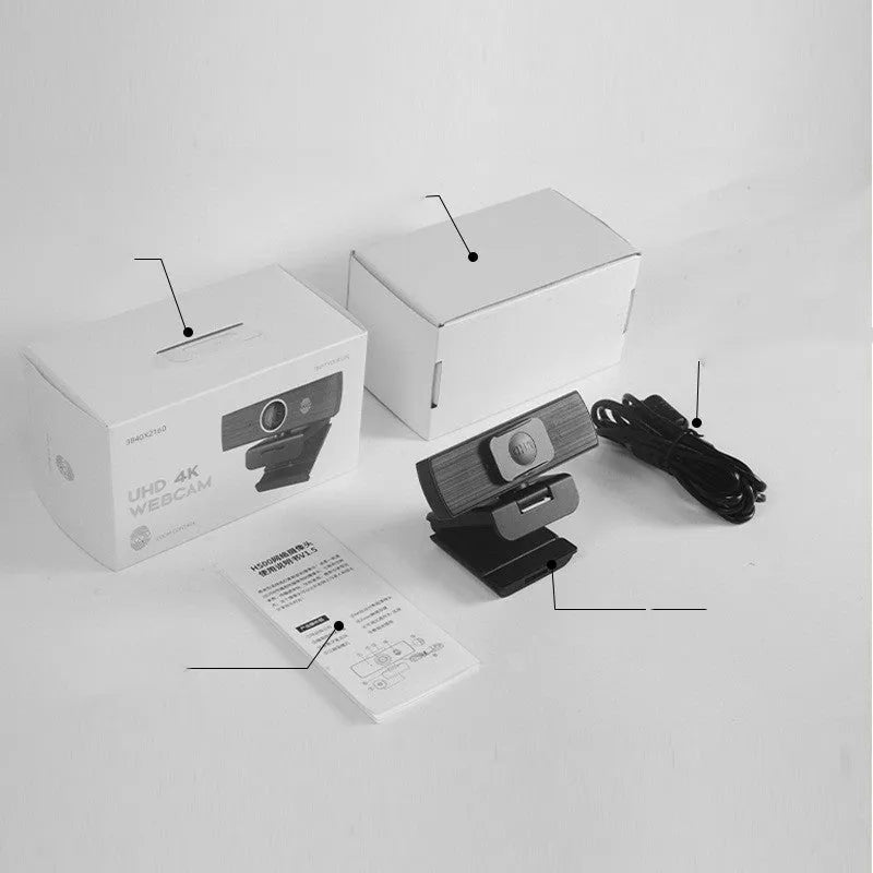 Black 4K USB webcam with auto focus, shown with its magnetic privacy cover and 1.7-metre cable.