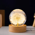 3D dandelion crystal ball night light on beech wood stand, showing 60mm resin sphere with internal flower.