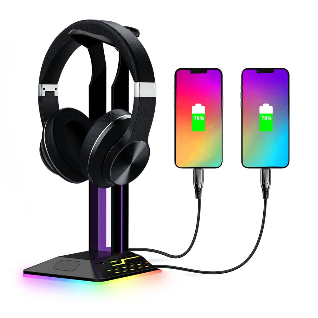 RGB headphone display stand with dual USB ports in black acrylic on a desk