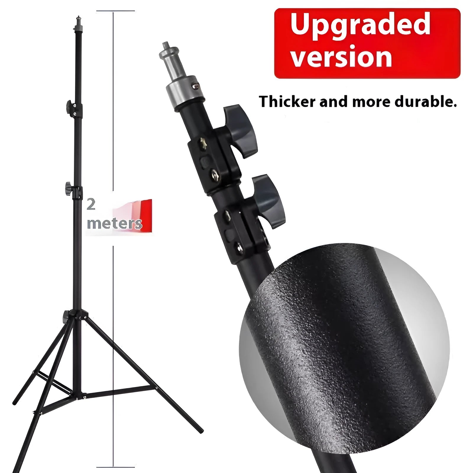 Tall black floor tripod stand holding a mobile phone extended to its full height on a wooden floor.