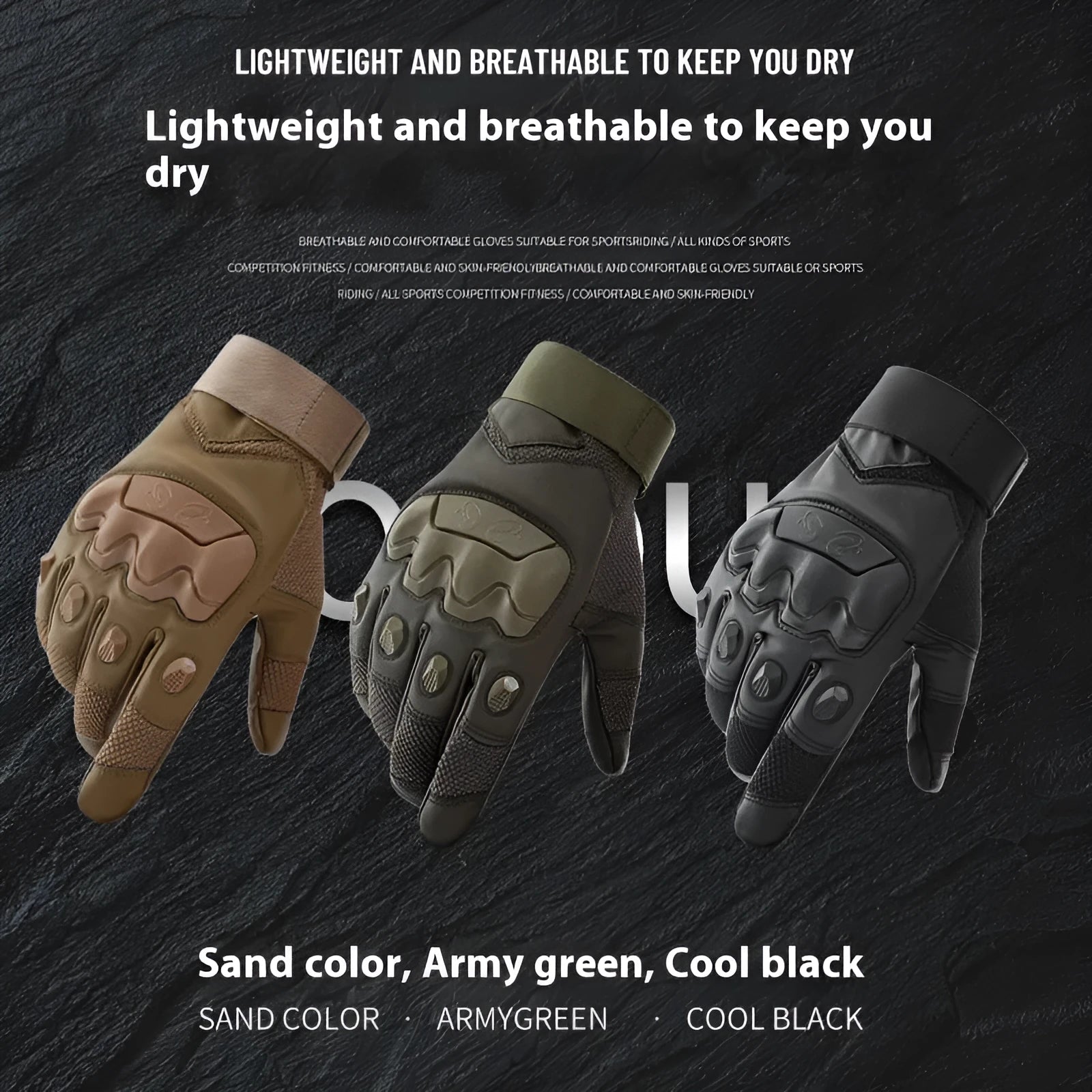 Men's black tactical training gloves with full finger design and touch screen fingertips