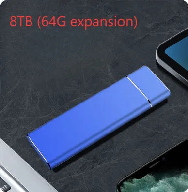 Sapphire blue portable external SSD drive with metal housing next to USB cable