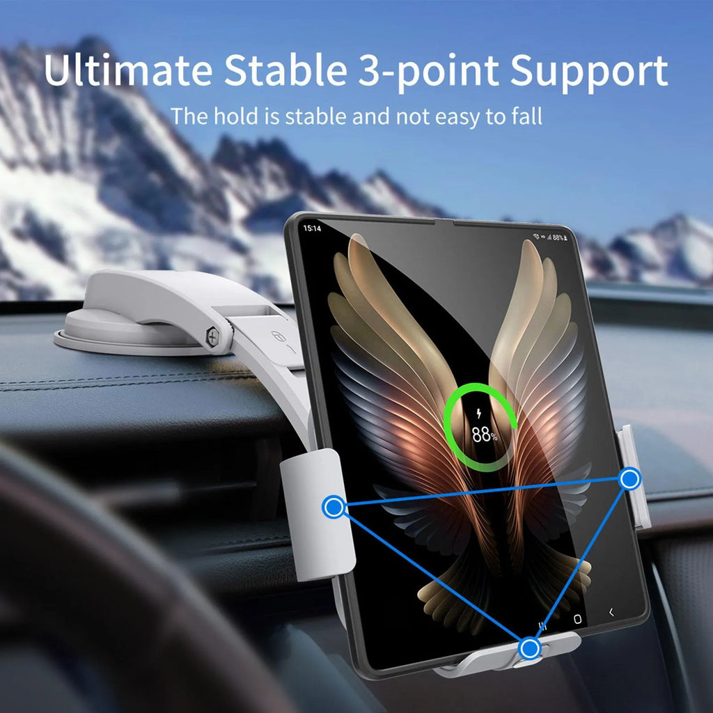 Grey wireless charging car phone holder with folding screen shown with air vent clip and suction cup mount