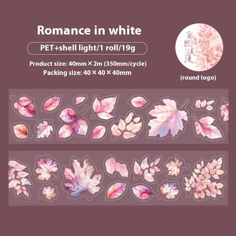 Roll of nature-themed decorative stickers showing ginkgo leaves, maple leaves, and blue fallen leaves designs