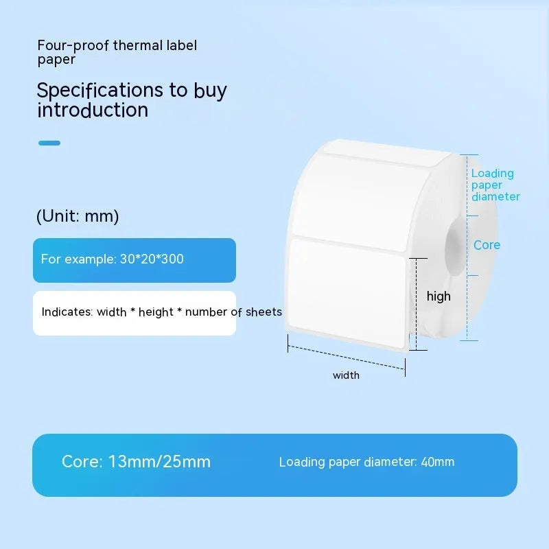 Roll of white 40x40mm thermosensitive paper adhesive labels for commercial labelling applications
