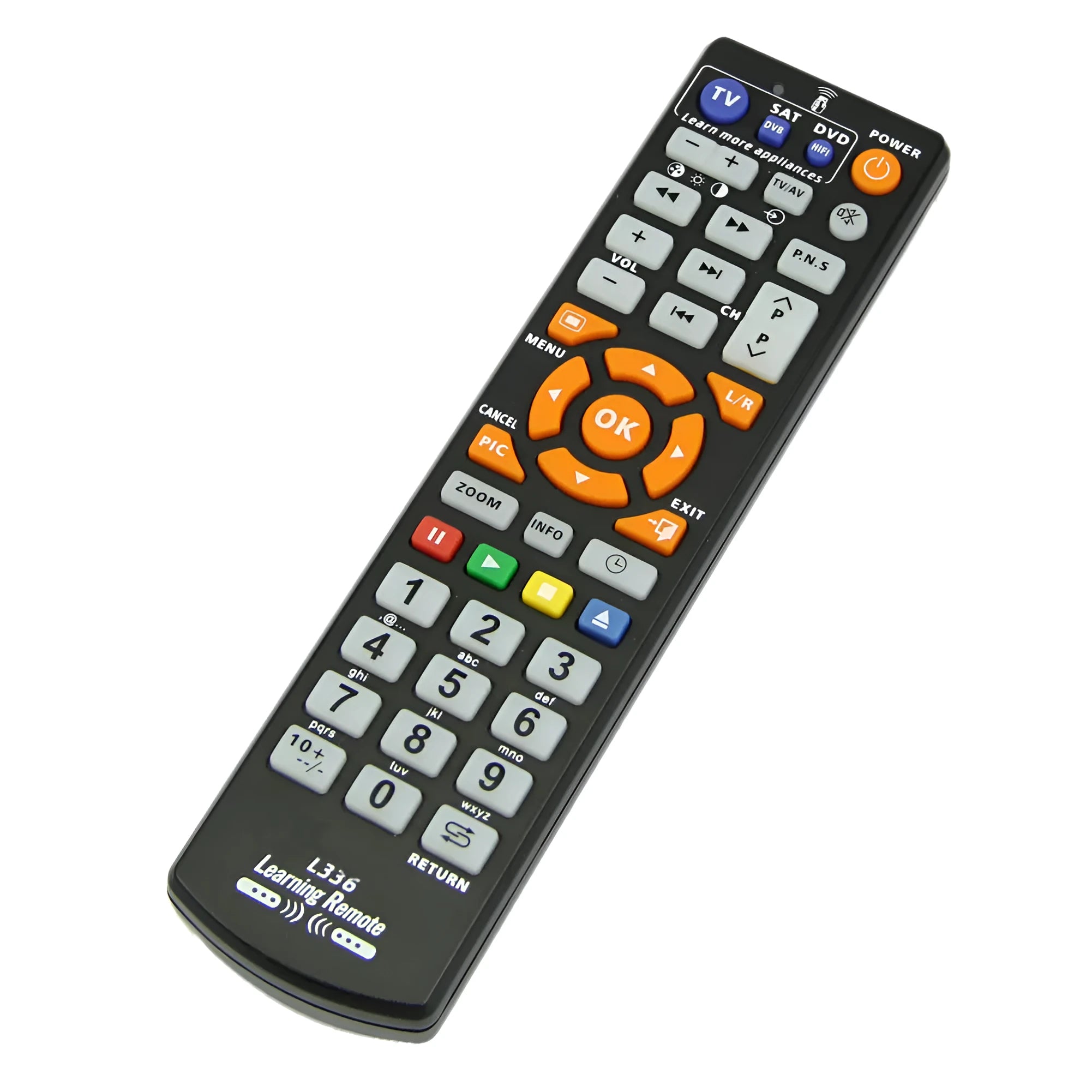 Black L336 learning remote control with full-key layout for universal device programming