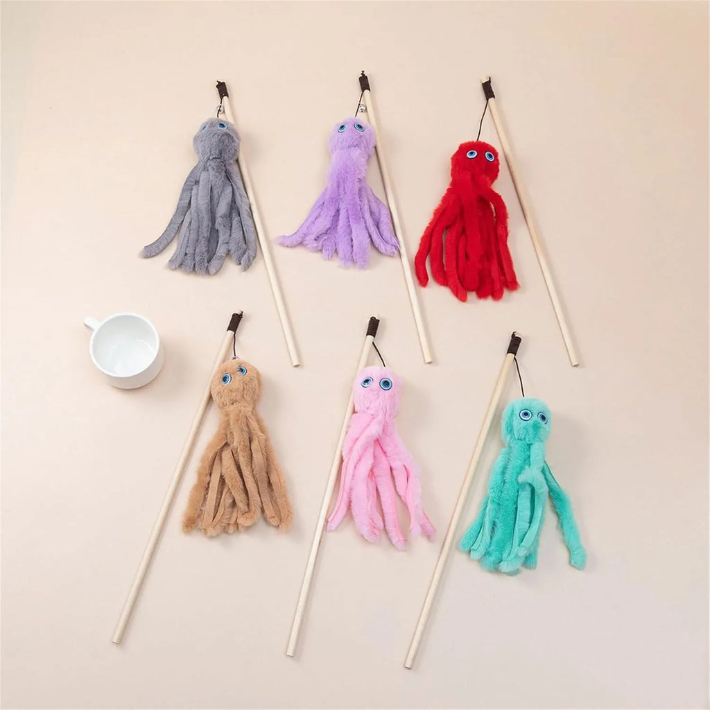 Octopus cat toy on 40cm stick in four colours for indoor feline play