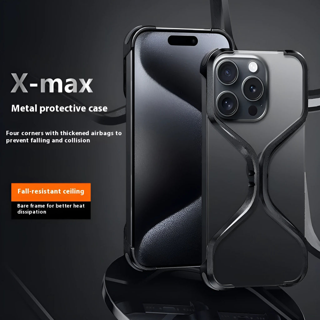 Metal frameless hollow phone case for iPhone with dark gray finish and exposed metal back