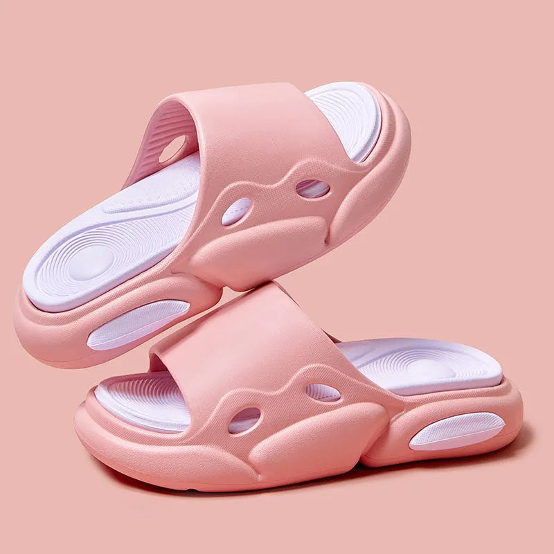 Women's and men's two-colour EVA slippers with thick soles and leather lining in pink purple, white green, or black and white options.