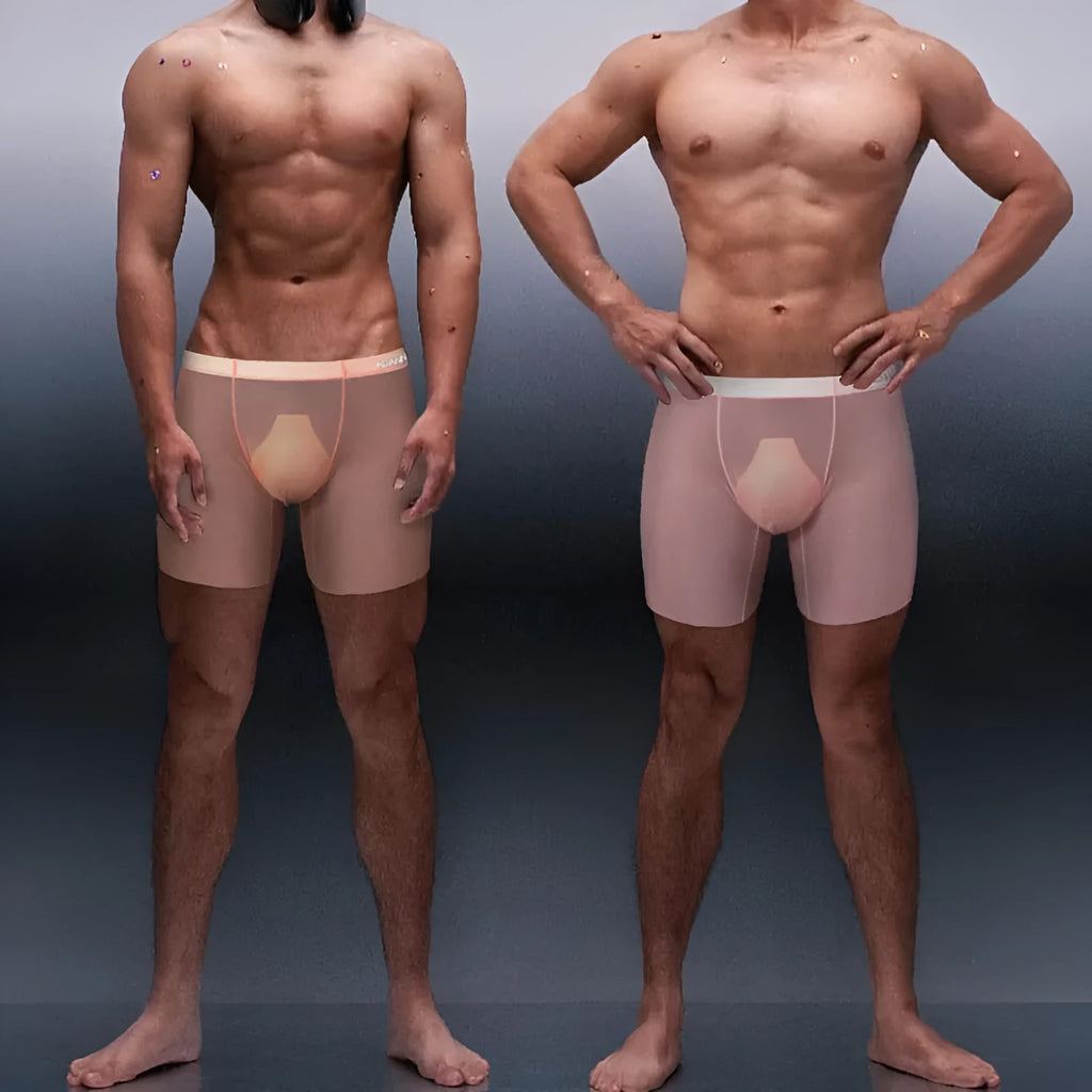 Men's orange seamless low-waist boxer shorts with hip lift function on a flat lay