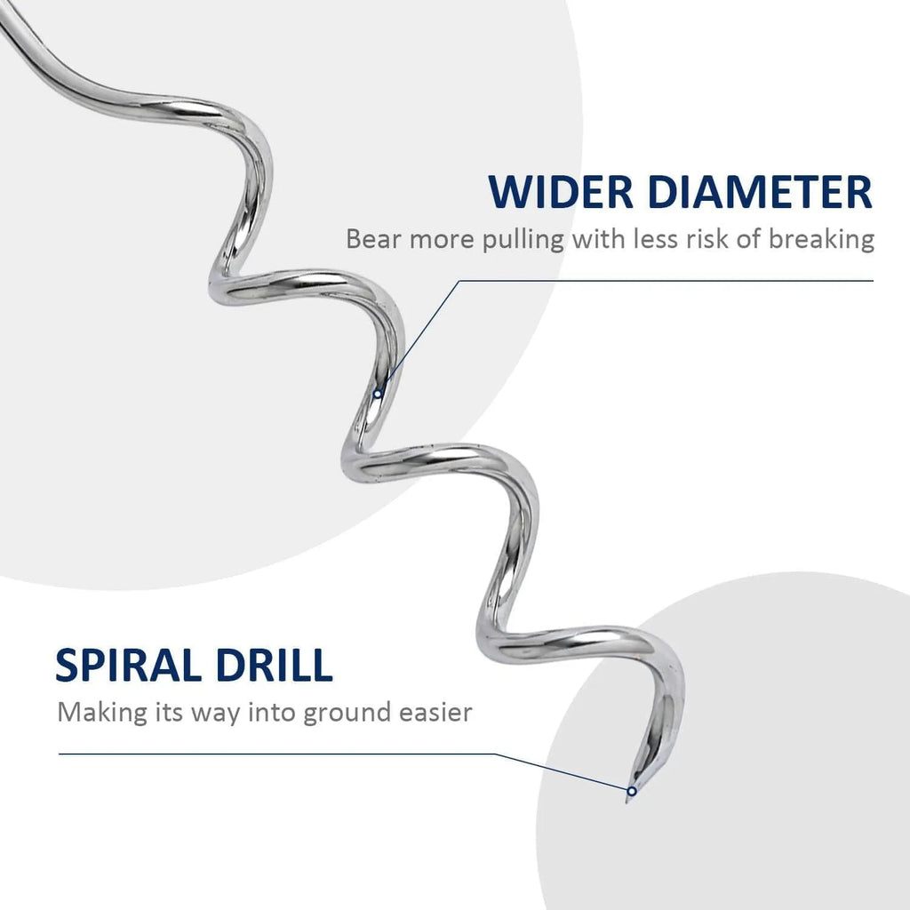 Silver spiral dog tie-out stake for outdoor tethering in sandy ground