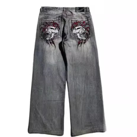 Men's grey washed-out straight-leg jeans with a wide-leg casual workwear design.