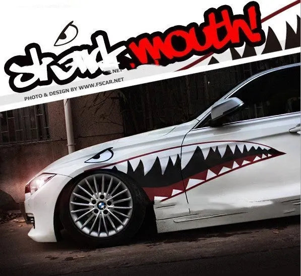 Large shark design PVC car body sticker showing two size options for vehicle doors