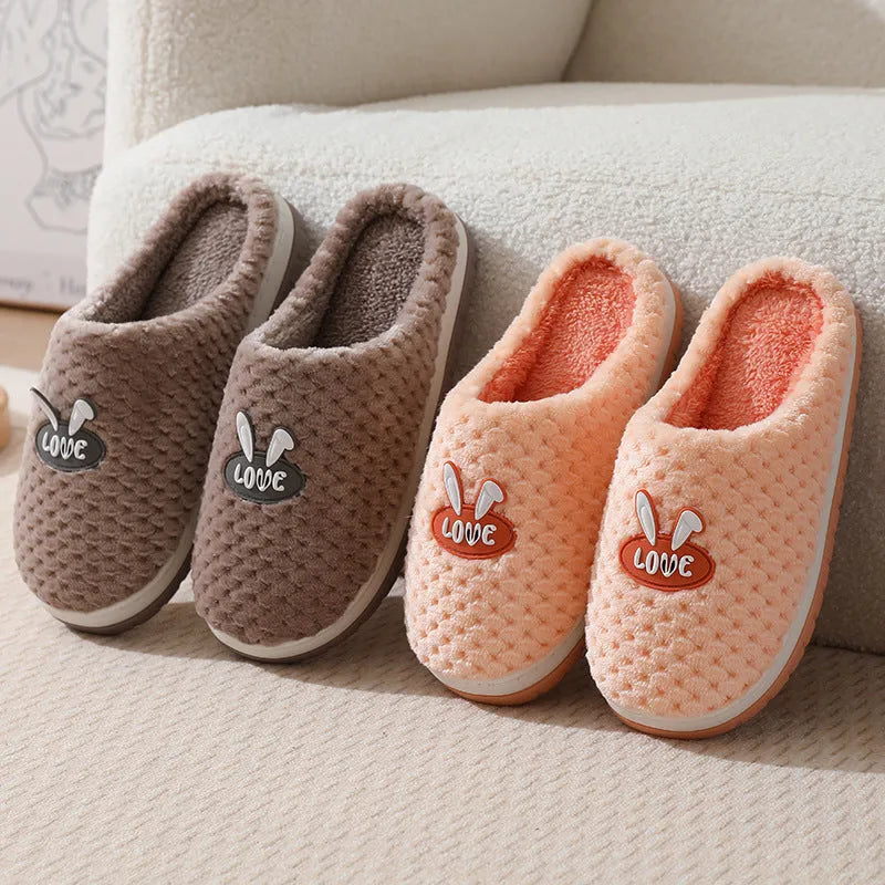 Women's rabbit plaid pattern house slippers with artificial fur upper and non-slip rubber soles