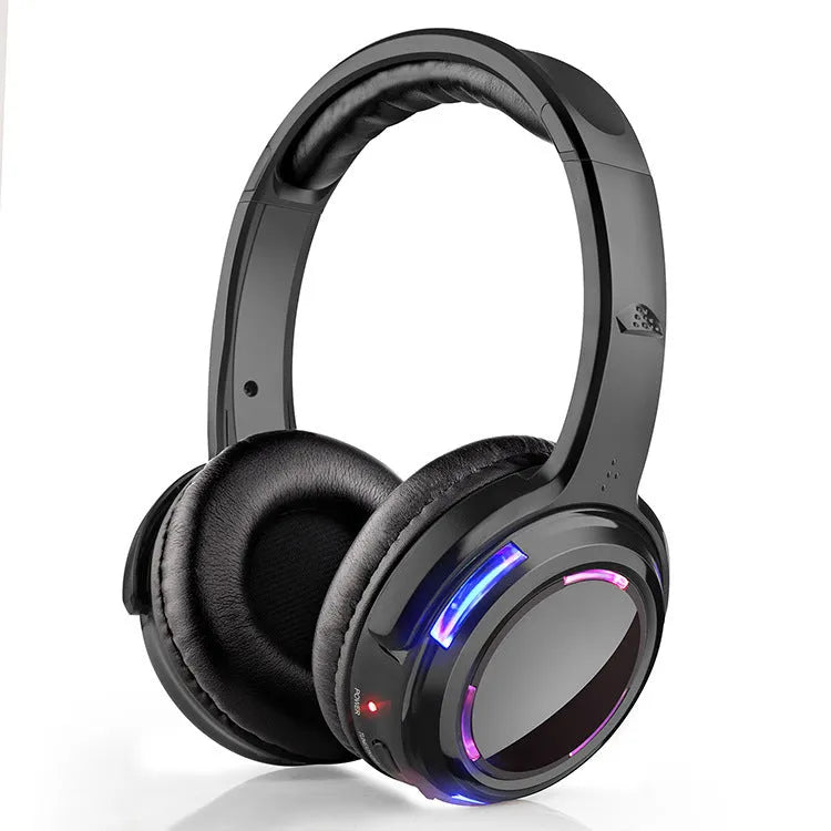 Black silent disco wireless headphones with head-mounted design and 3.5mm plug for transmitter connection
