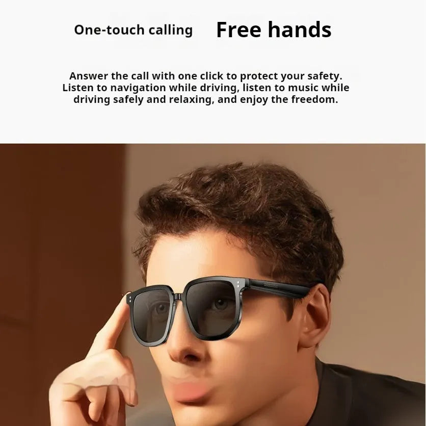 Black AI smart sunglasses with Bluetooth audio and touch controls on the frame.