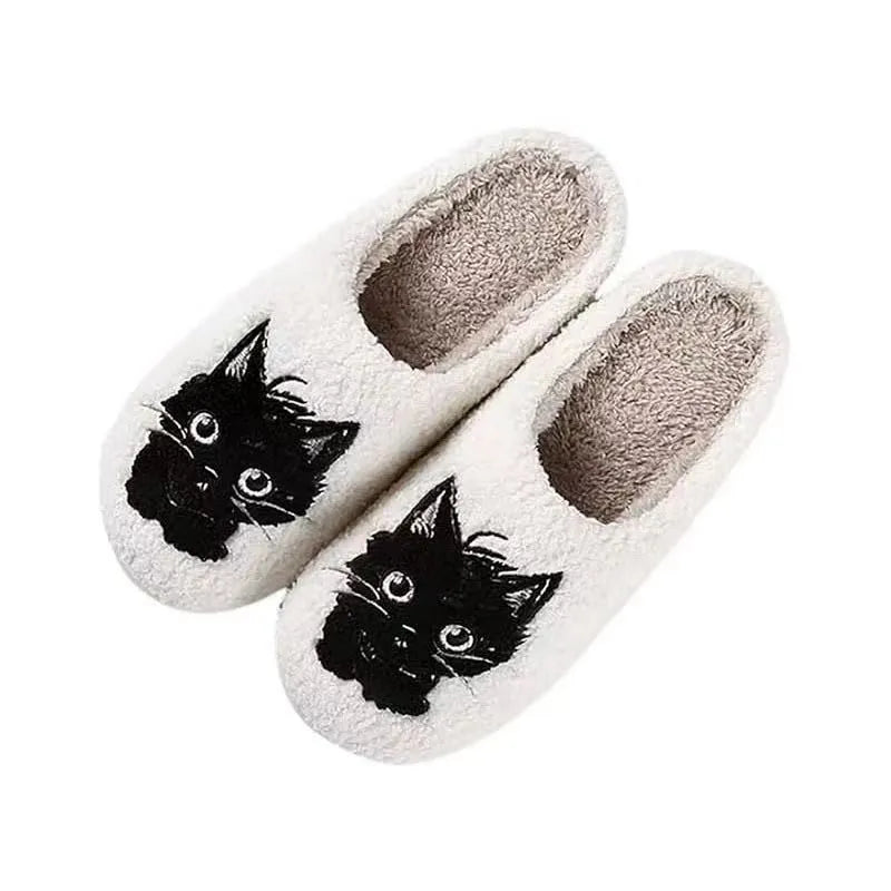 White plush couples slippers with black beard cat cartoon design and non-slip TPR soles