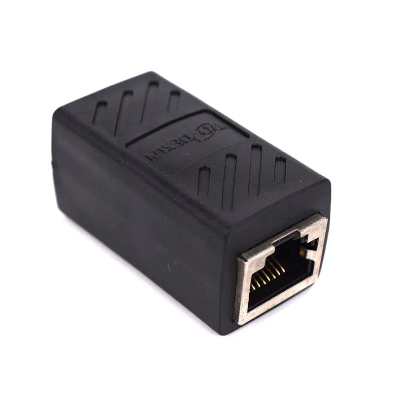 Black RJ45 coupler adapter with rotary union for extending Ethernet network cables