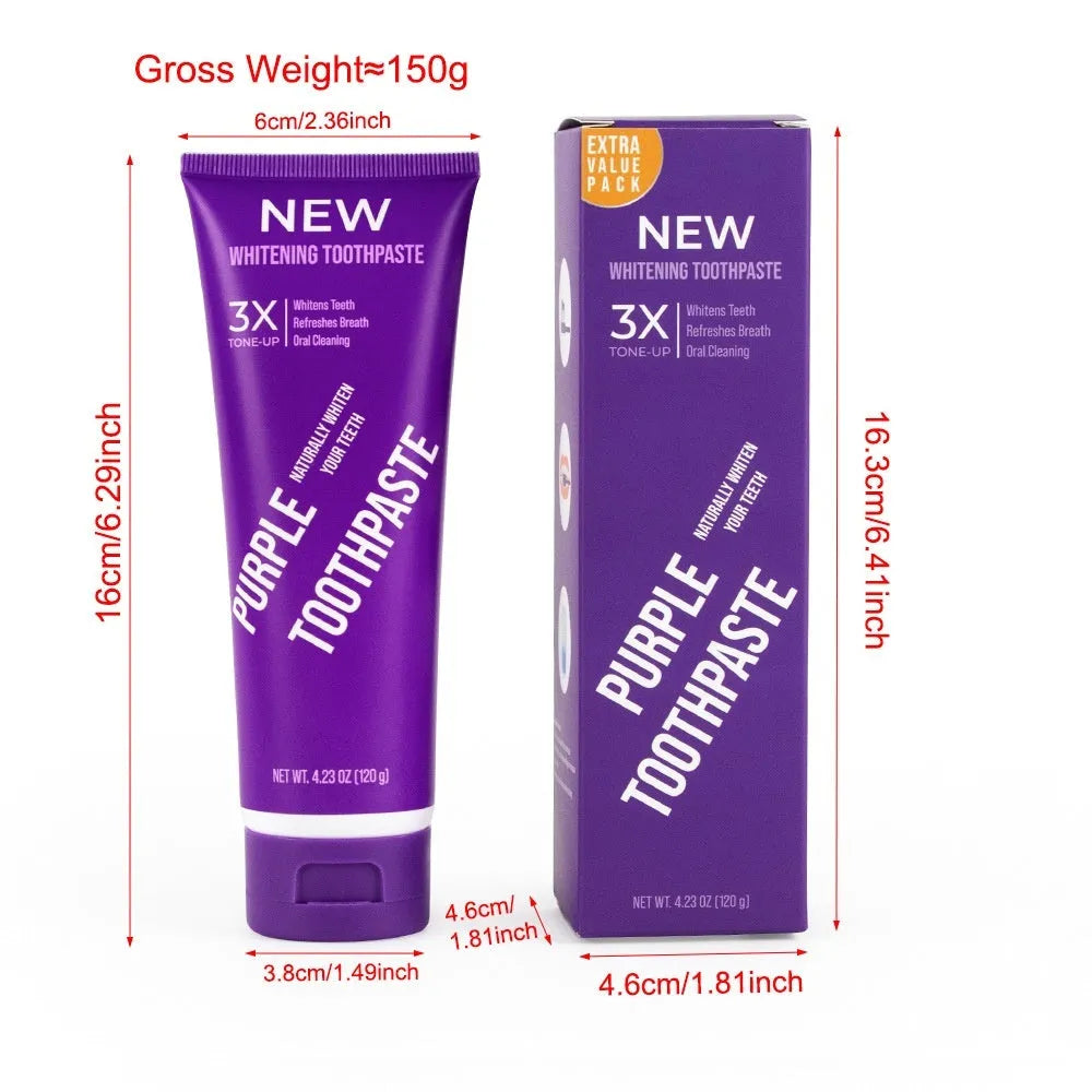Purple whitening toothpaste tube for adults to remove yellow teeth stains in 120g and 65g sizes