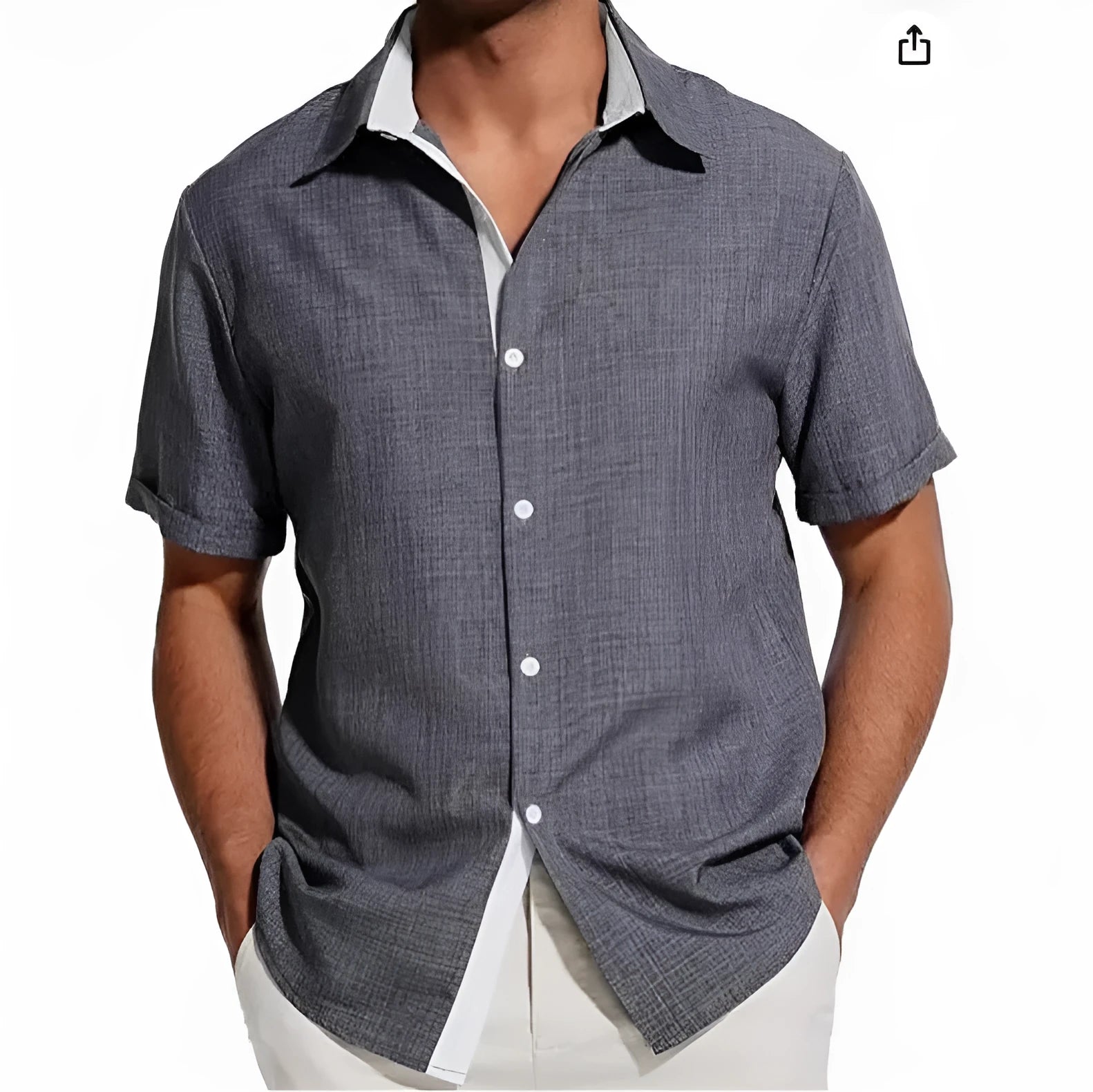 Men's short-sleeved floral print polyester shirt in grey on a hanger.