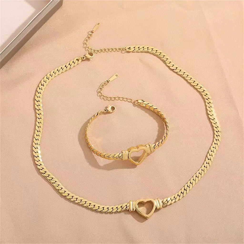 Gold personalised love chain necklace bracelet set with heart pendant on Cuban chain