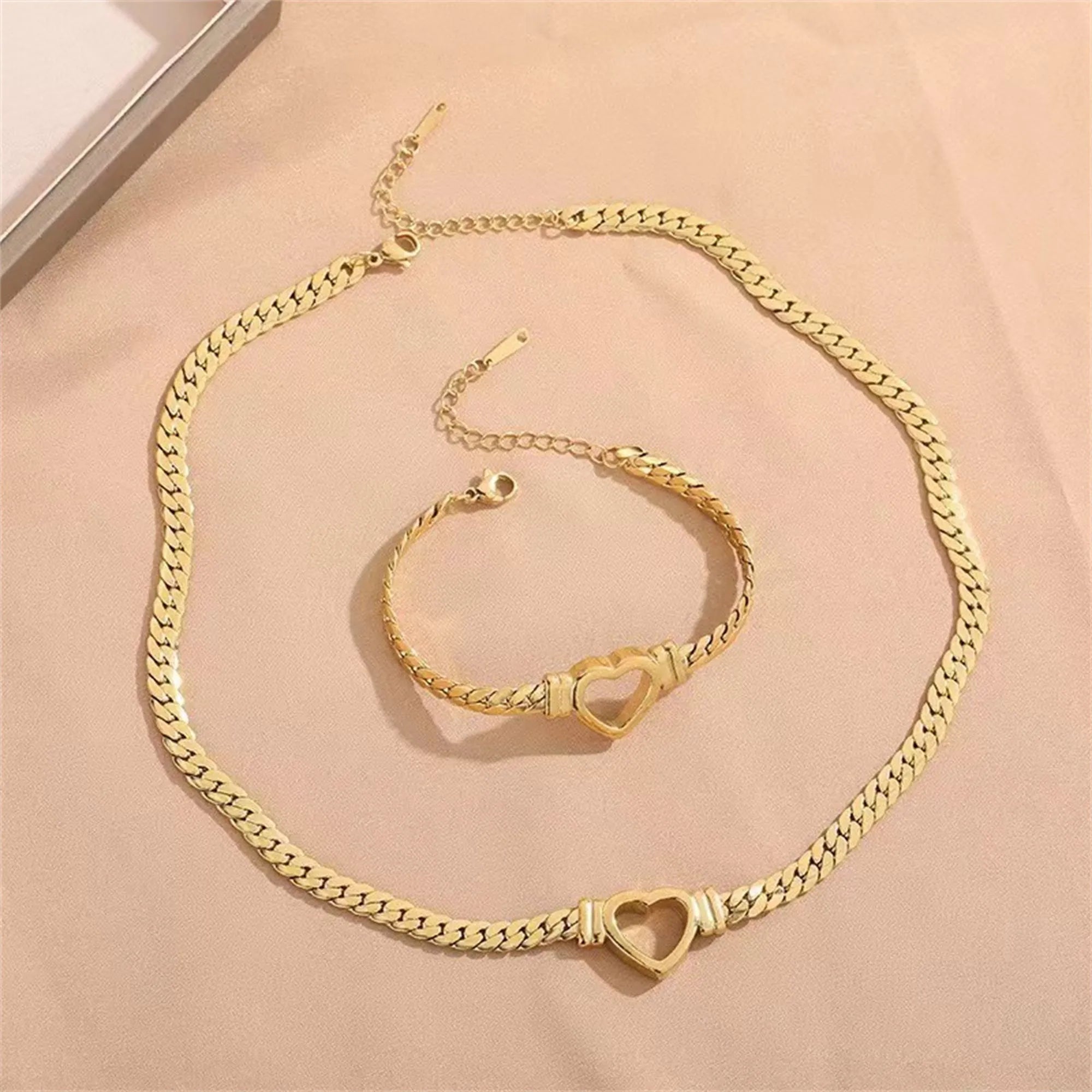 Gold personalised love chain necklace bracelet set with heart pendant on Cuban chain