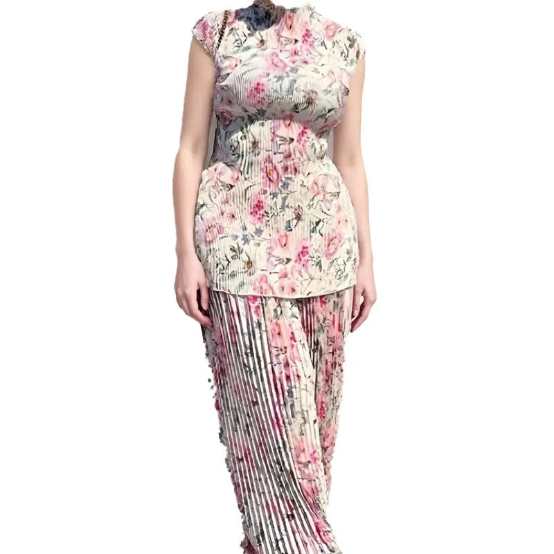 Women's long sleeve printed chiffon dress set with high waist skirt in picture colour