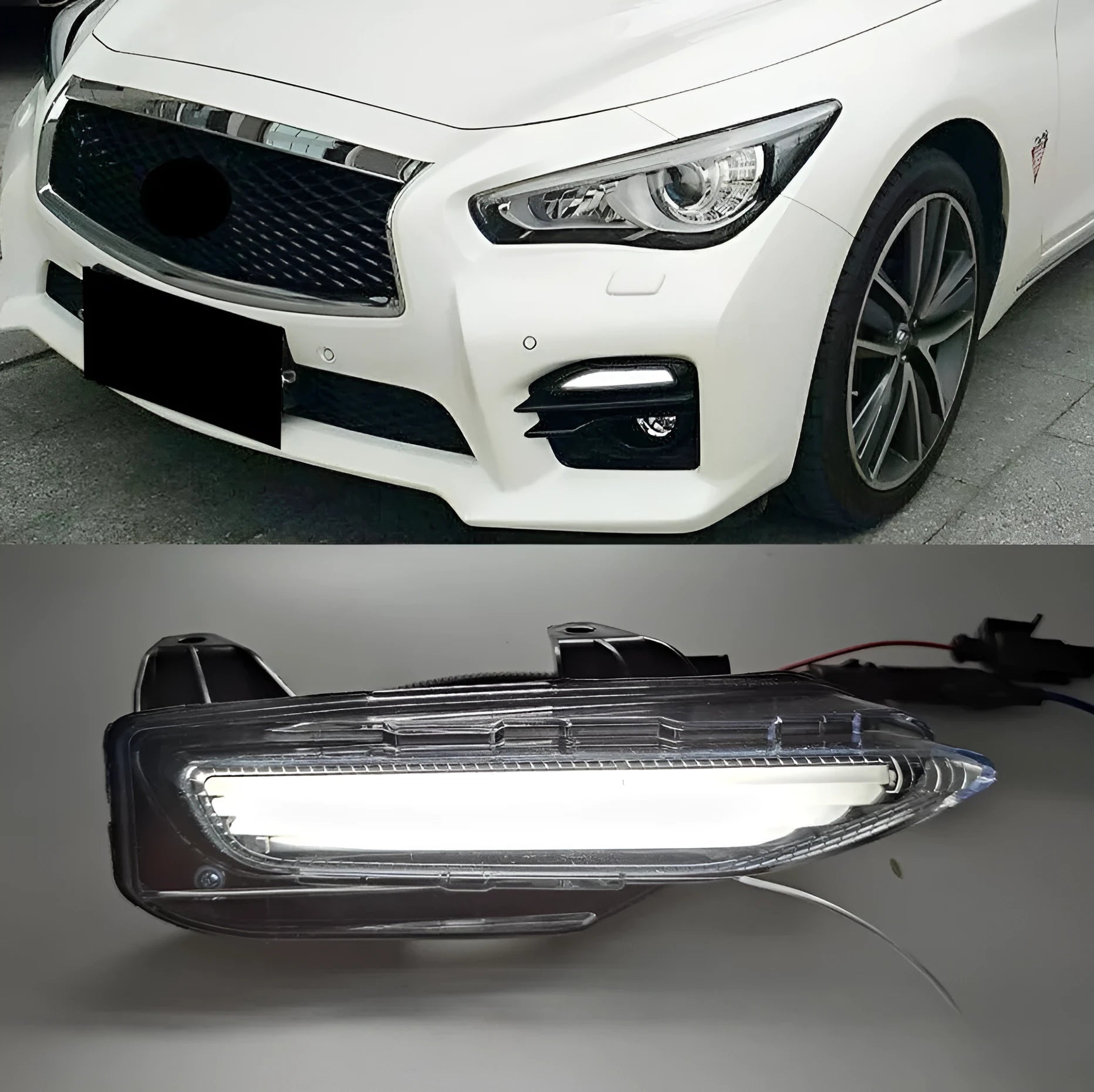 Infiniti Q50 Q70 front bumper LED turn signal and daytime running fog lamp unit with ABS housing.