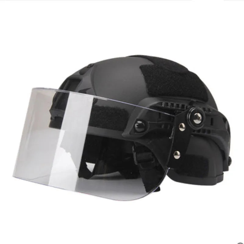 Transparent polycarbonate helmet face mask with windproof lens and guide rail mounting