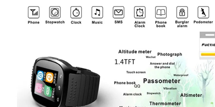 Bluetooth sports watch in black, white or blue colours compatible with Apple iPhone and Android phones