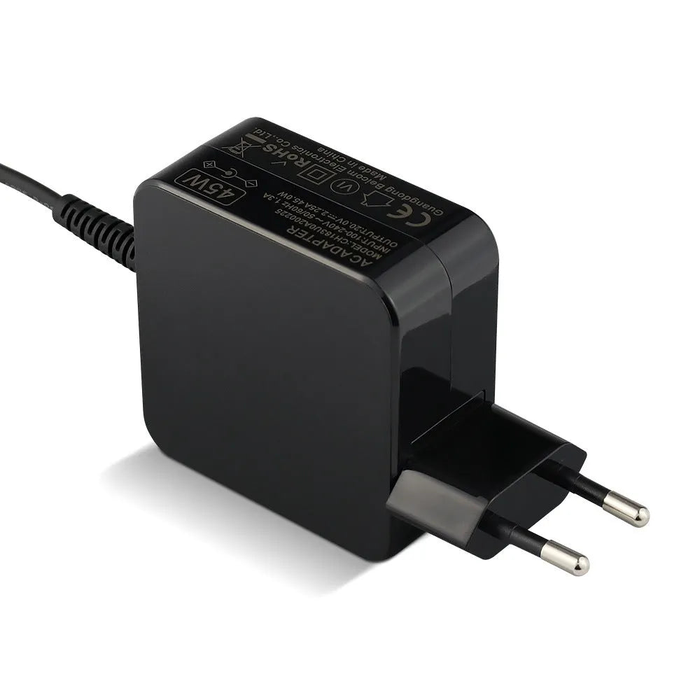 Black 45W laptop power adapter with US and EU plug options, showing compact size