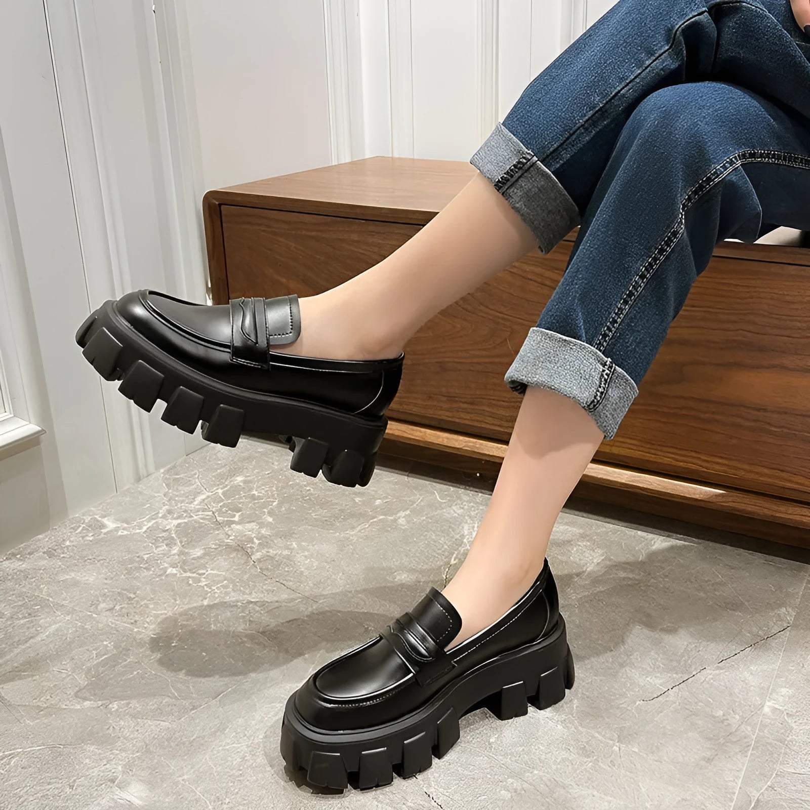 British style wide fit loafers with muffin heel in patent leather