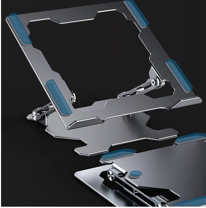 Grey aluminium adjustable laptop stand holding a silver laptop on a wooden desk.